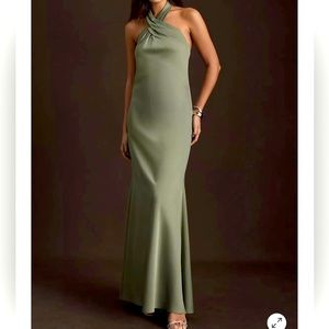 BHLDN Ruby Twist Halter Satin Gown | Color: Moss
